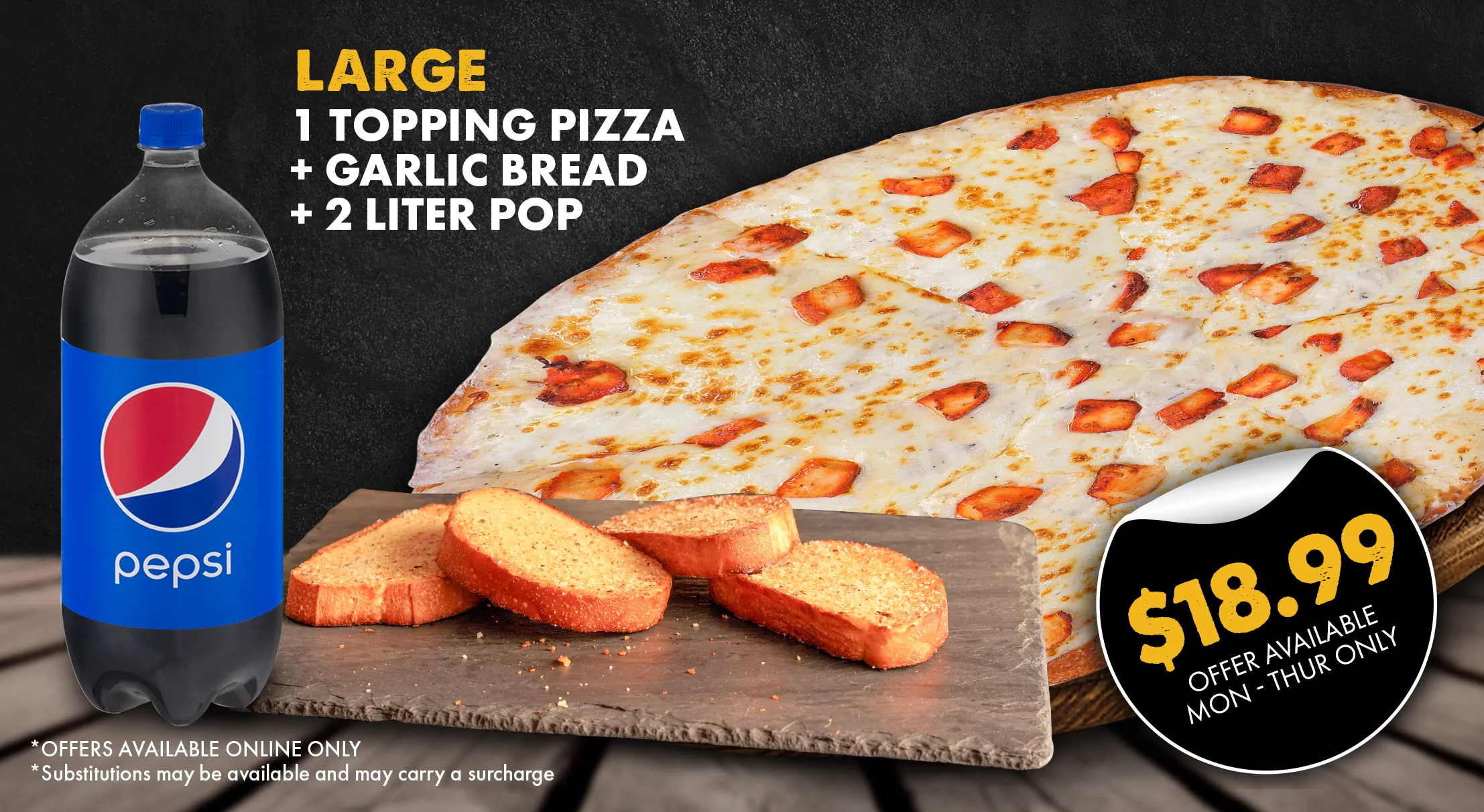 Order large pizza online with garlic bread