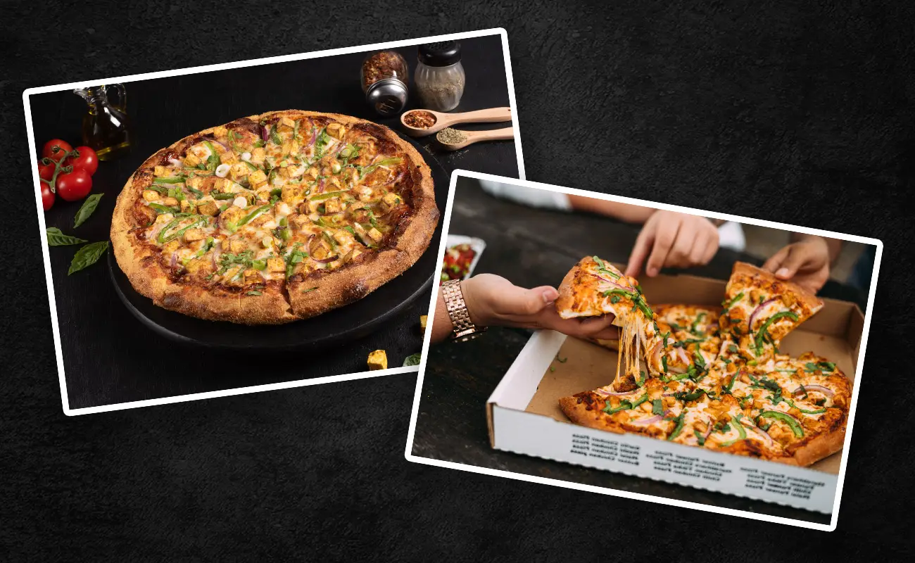 Two delicious Indian-style pizzas topped with paneer, onions, and bell peppers — one served on a black plate with spices in the background, and the other being pulled apart with stretchy cheese in a takeaway pizza box