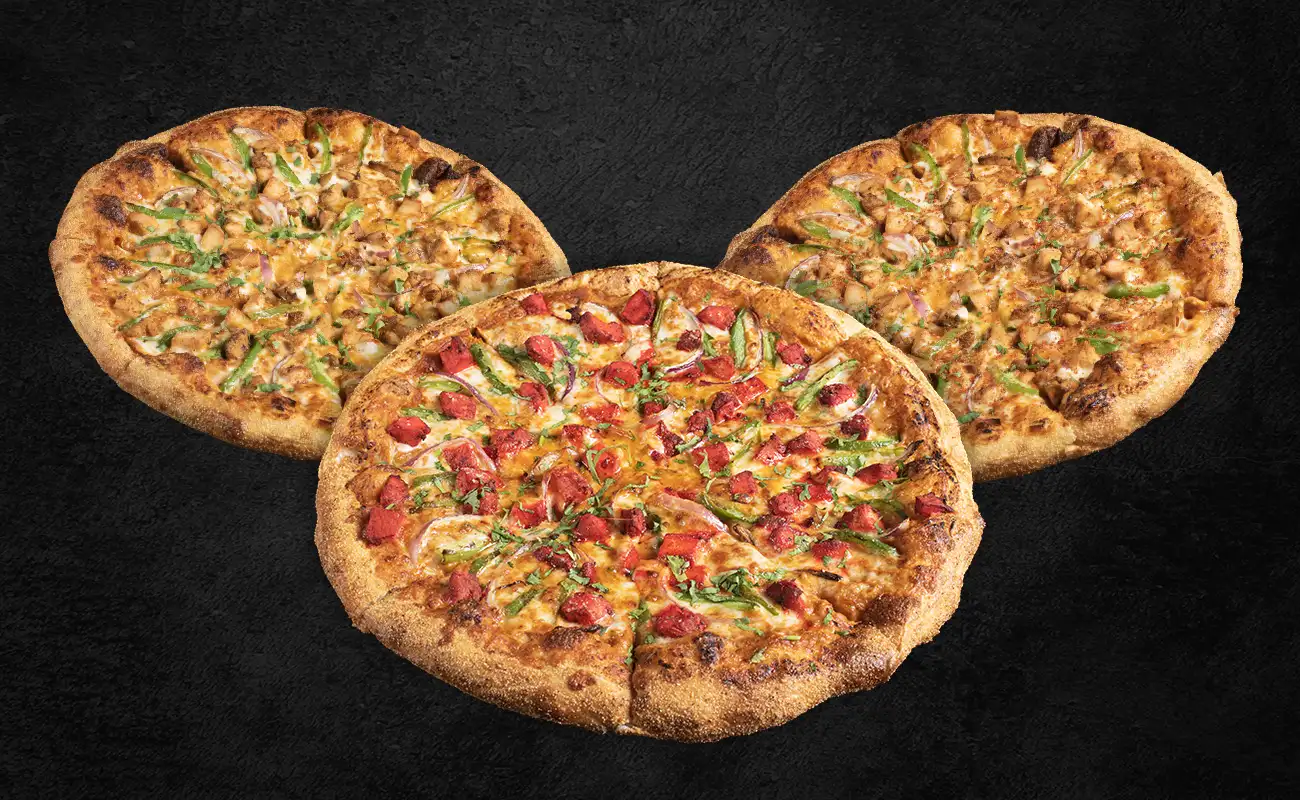 Collage of chicken tikka pizza, chilli chicken pizza, Achari Chicken Pizza