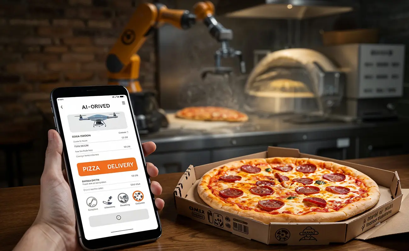 Futuristic pizza ordering scene showing a person using a smartphone app for AI-powered drone pizza delivery, with a robotic arm preparing pizza in the background and a fresh pepperoni pizza ready in an open box