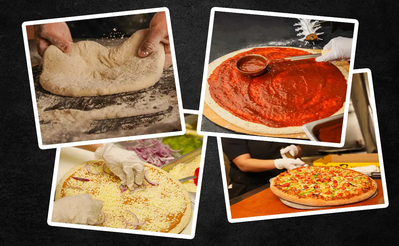 A collage of four images showing the steps of pizza preparation: stretching the dough by hand, spreading tomato sauce with a ladle, adding cheese and toppings with gloved hands, and finally placing a fully prepared pizza on the counter