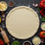 A round pizza dough is centered on a floured dark surface, surrounded by colorful fresh ingredients including bell peppers, onions, garlic, tomatoes, basil, chili peppers, cheese, and various spices, with a small rolling pin nearby