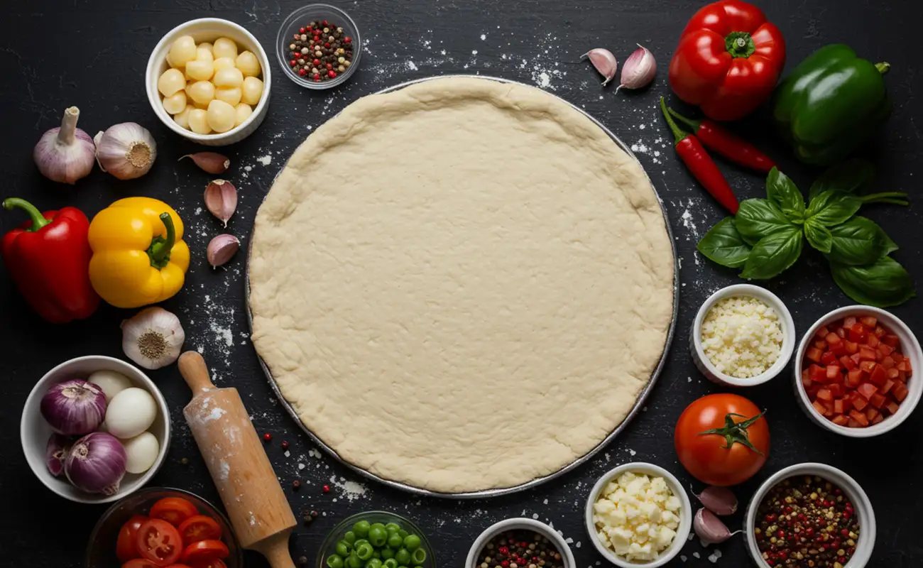 A round pizza dough is centered on a floured dark surface, surrounded by colorful fresh ingredients including bell peppers, onions, garlic, tomatoes, basil, chili peppers, cheese, and various spices, with a small rolling pin nearby