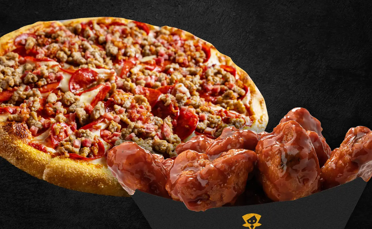 A combo of Meat A More Pizza and Barbecue Wings