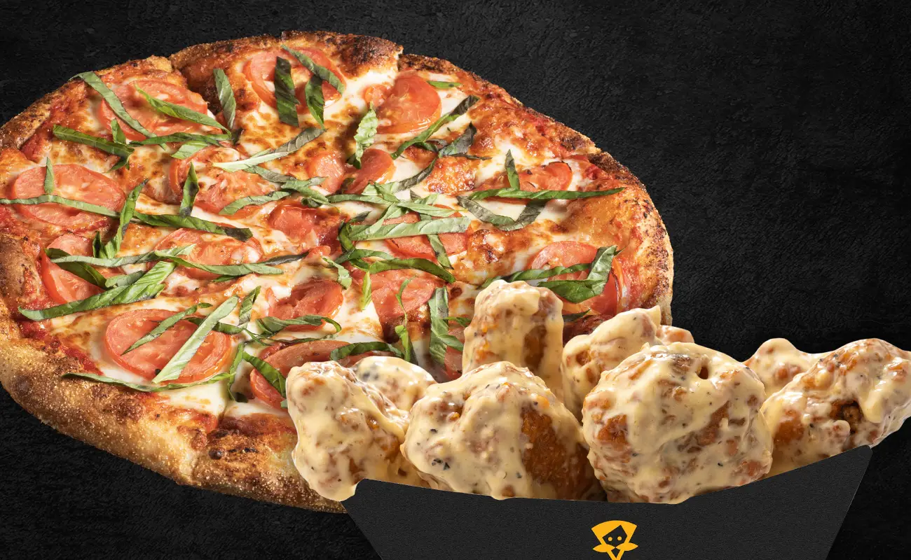 A combo of Creamy Crunch Margherita Pizza and Garlic Parmesan Wings