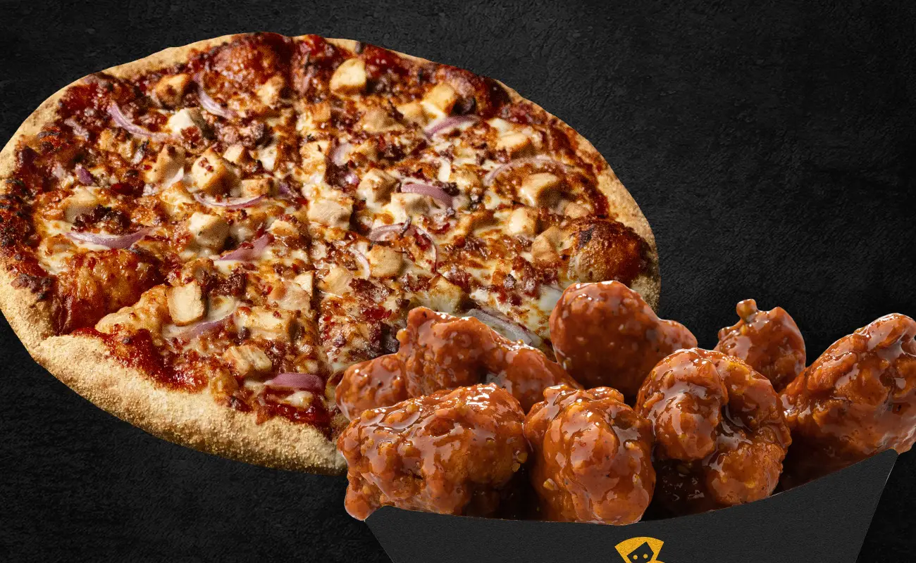 A combo of BBQ Chicken Pizza and Mango Habanero wings.