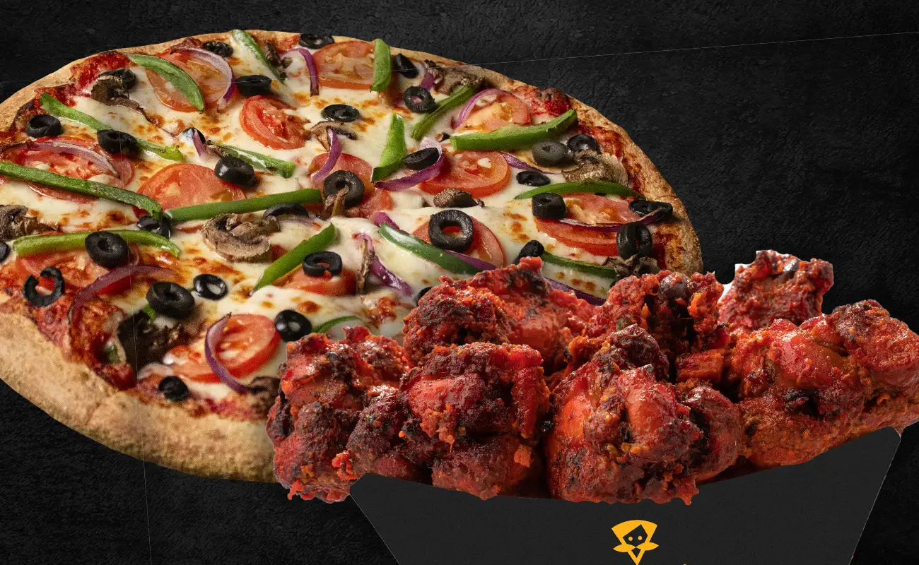 A combo of veg a more pizza and Tandoori Wings