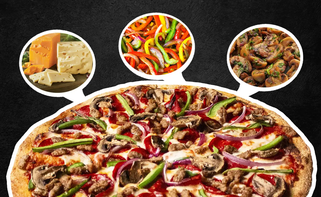 Close-up of a fully loaded pizza topped with mushrooms, green peppers, onions, sausage, and pepperoni, with callout bubbles highlighting its key ingredients: assorted cheeses, colorful bell peppers, and sautéed mushrooms