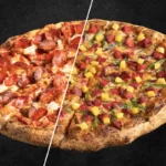Split-screen image of a pizza showing two styles — one half with classic pepperoni and sausage toppings, the other half with colorful vegetables like bell peppers and onions, representing traditional vs. modern pizza trends