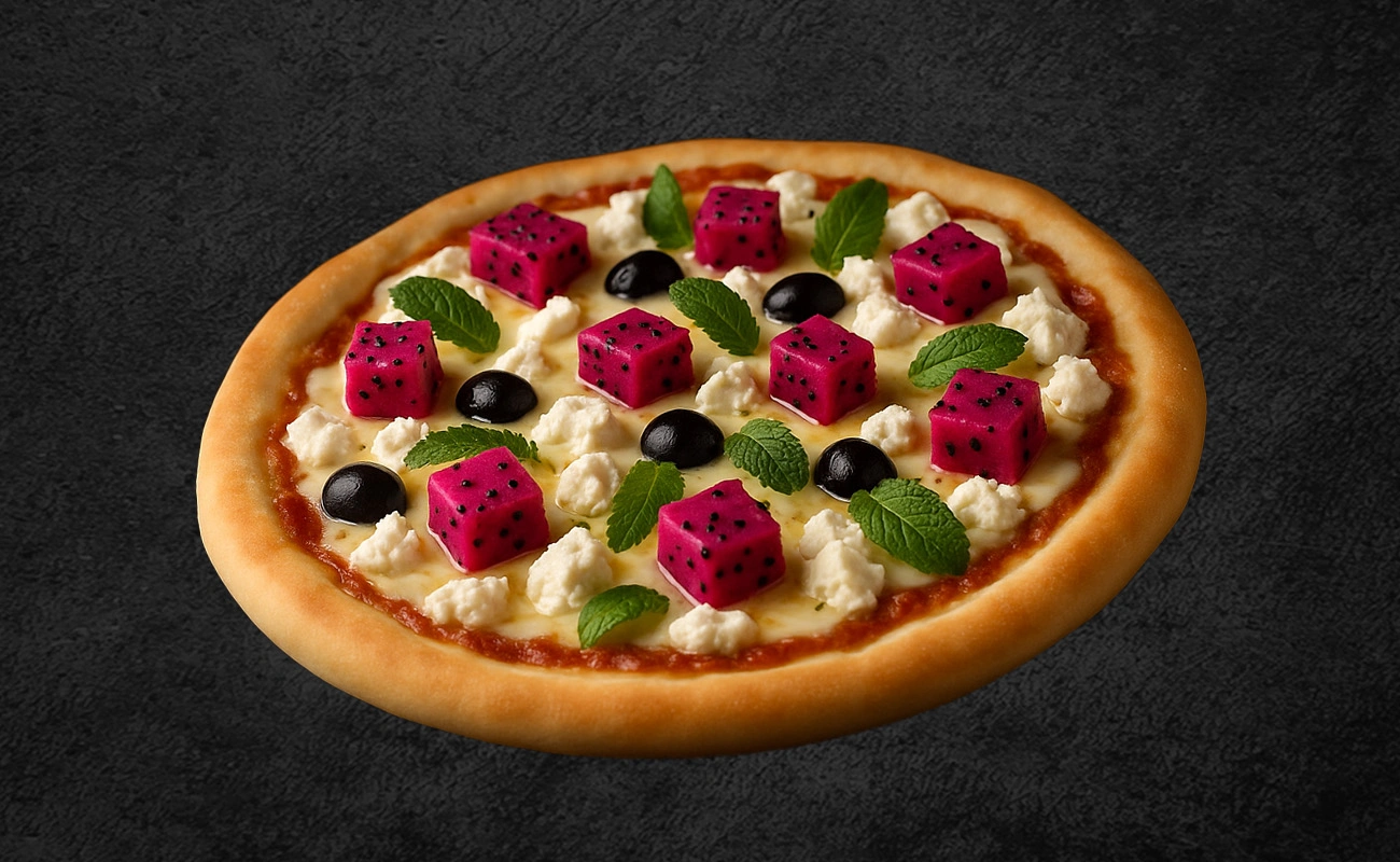 Exotic pizza topped with dragon fruit cubes, black olives, fresh mint leaves, and creamy cheese on a dark background.
