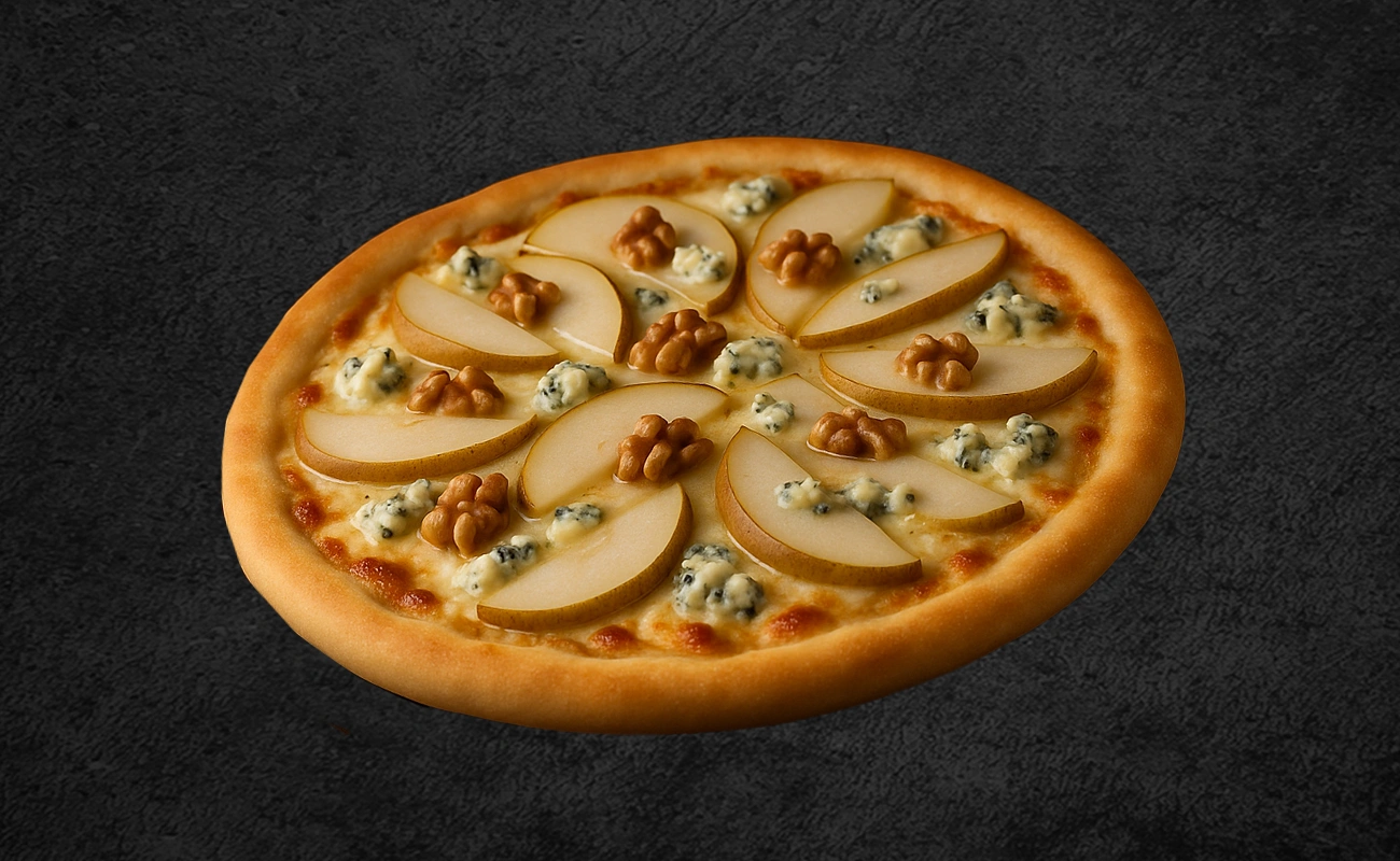 Gourmet pizza topped with fresh pear slices, walnuts, and creamy blue cheese on a golden crust.