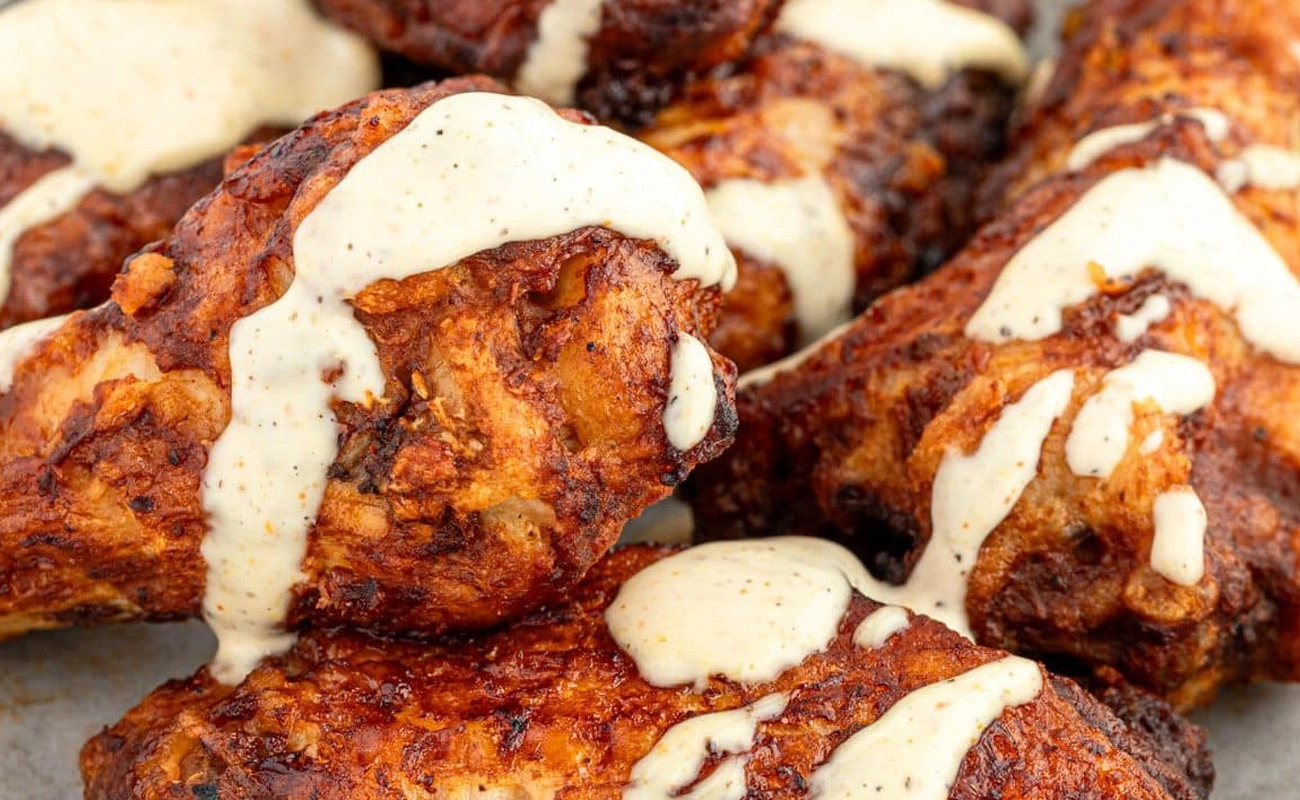 Close-up of golden wings ready to be dipped in Alabama White Sauce.