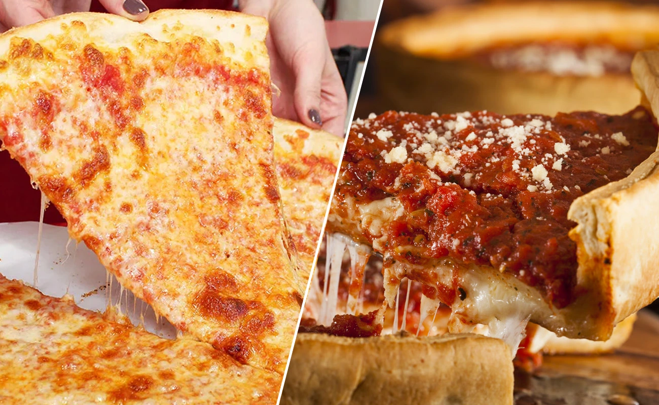Comparison of New York thin-crust cheese pizza slice and Chicago deep-dish pizza with tomato sauce and melted cheese.