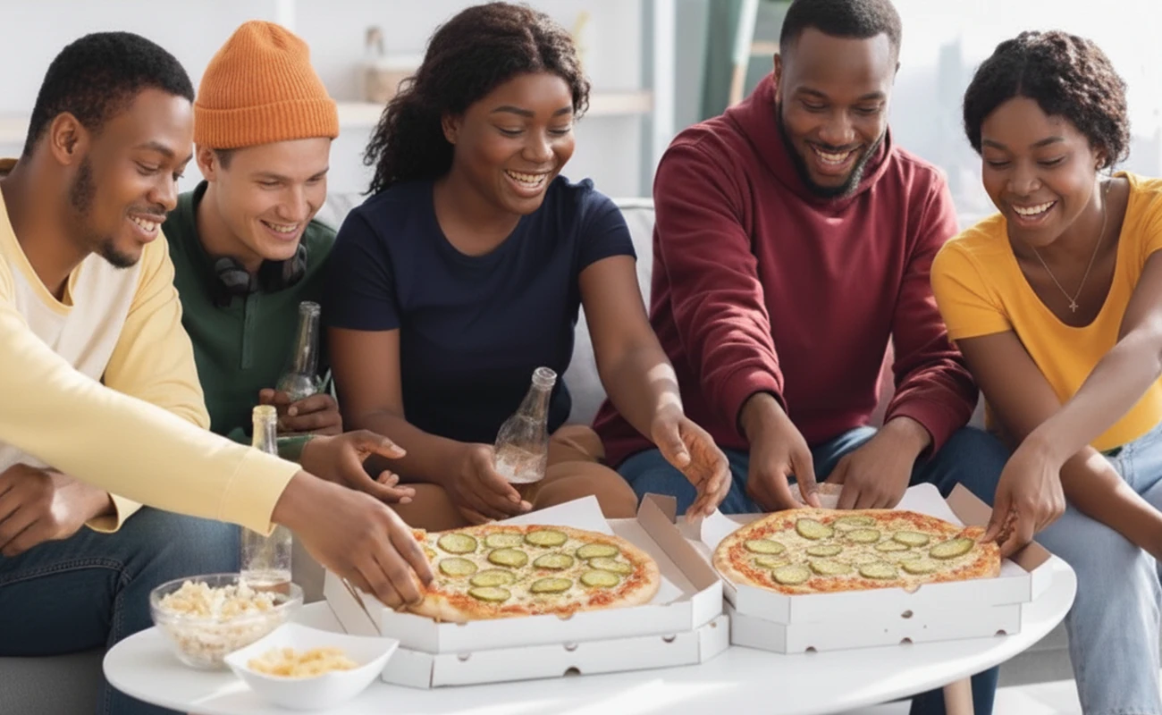 A diverse group of people enjoying a pizza together while seated around a table, sharing laughter and conversation.