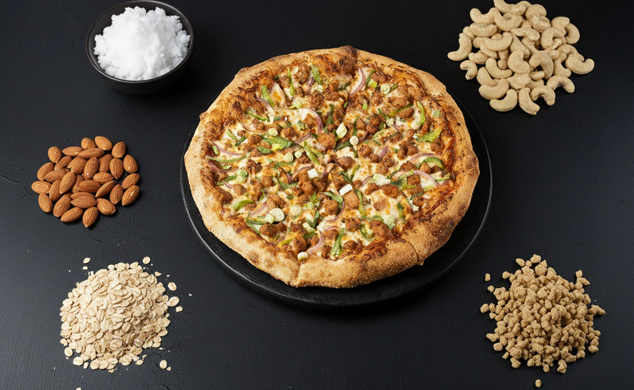 A gourmet pizza featuring nuts, almonds, and assorted toppings, highlighting a creative culinary combination.