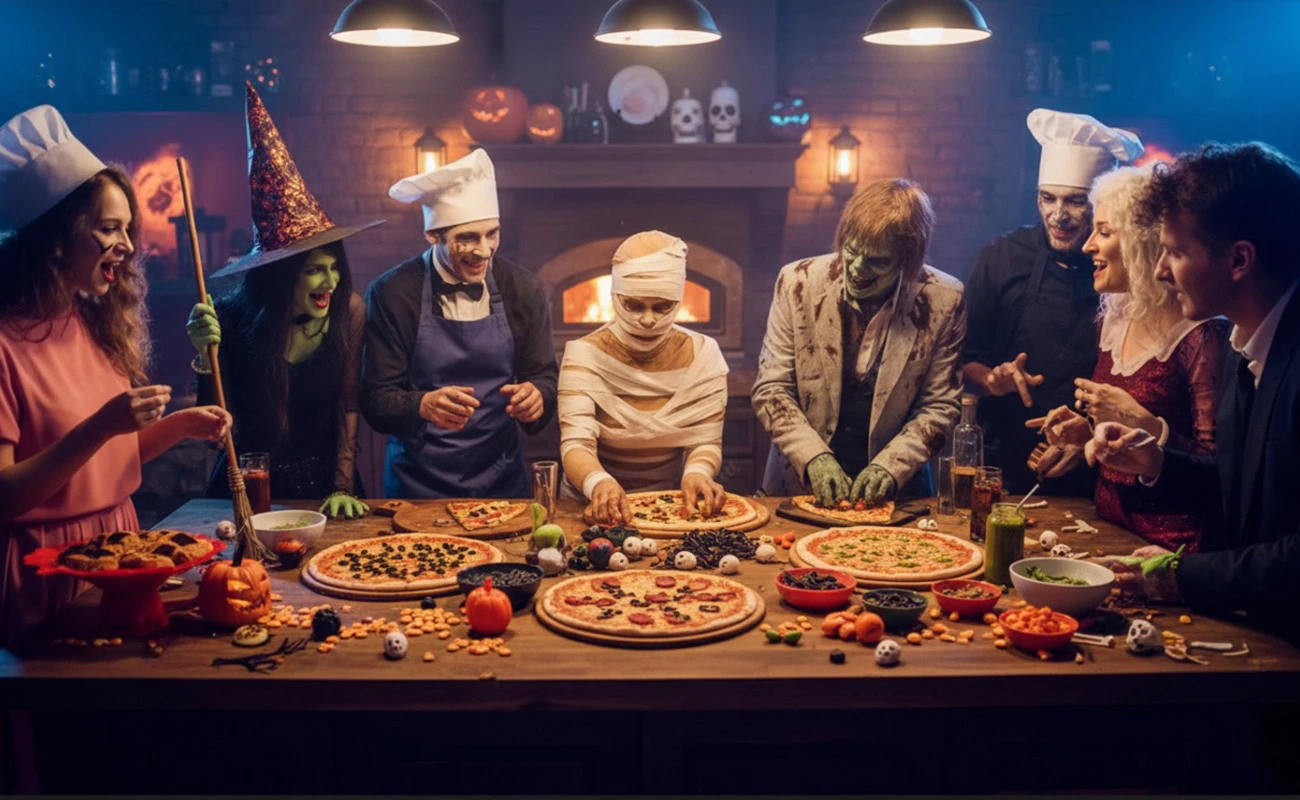 Vibrant Halloween pizza party scene featuring a diverse group of friends in elaborate costumes, including a witch with a pointed hat holding a broom, a mummy with bandaged arms kneading dough, a zombie with green makeup and tattered clothes, and a chef in a white hat and apron, all gathered around a rustic wooden table. The table is laden with freshly made pizzas topped with pepperoni and olives, jack-o'-lanterns, bowls of Halloween candies, and spooky decorations like skulls and cobwebs. The background showcases a cozy brick interior with a lit fireplace, hanging lights, and shelves adorned with pumpkins and eerie figurines, creating a festive and spooky atmosphere for a memorable party.