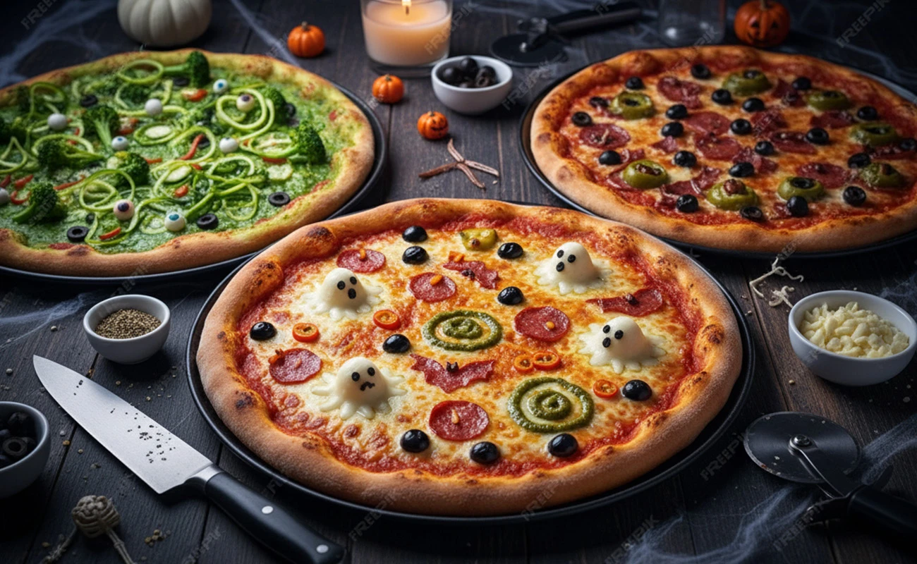 Pepperoni and mozzarella Halloween pizza with black olive spiders on a wooden cutting board.