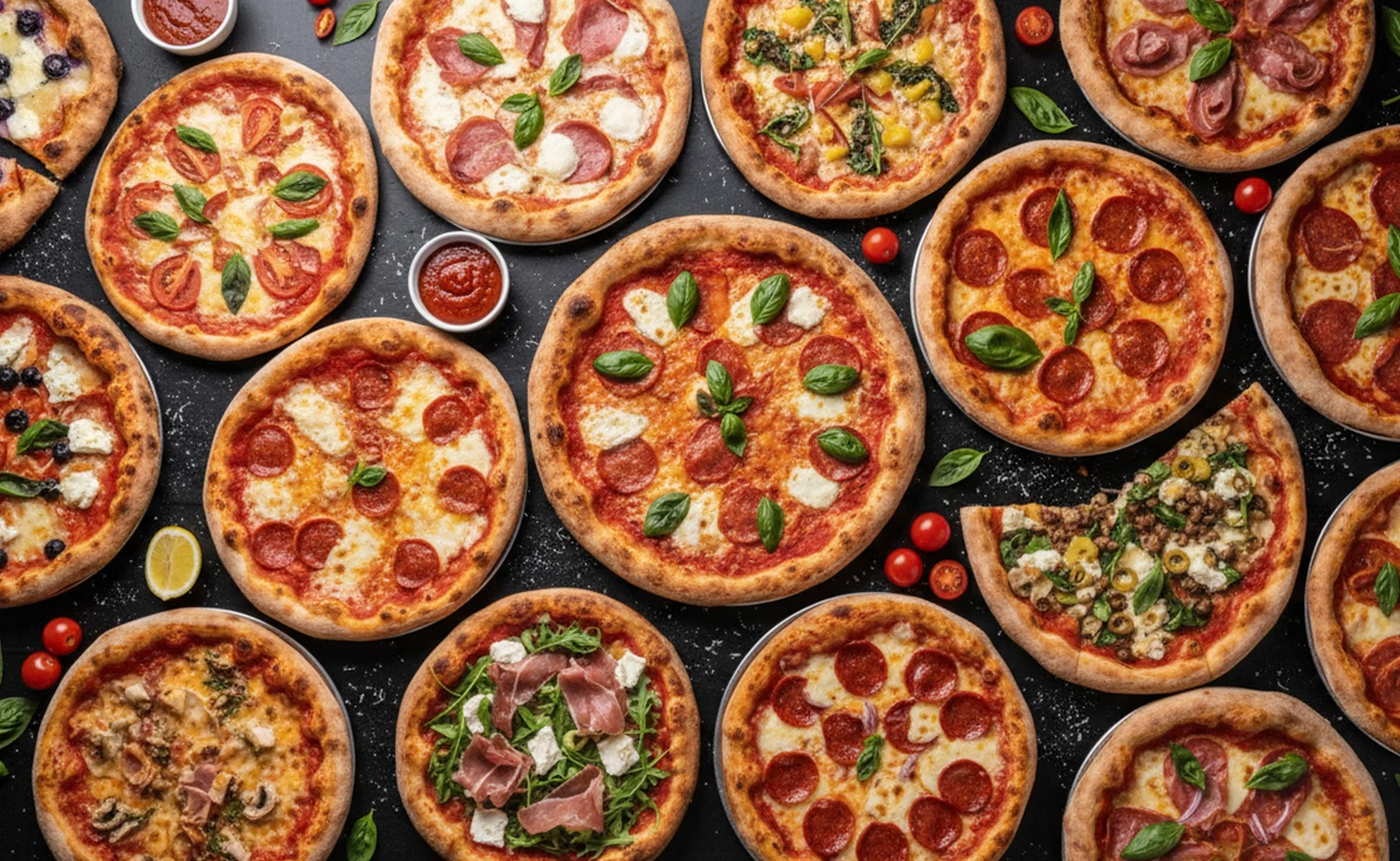 Variety of delicious pizzas with toppings like pepperoni, mozzarella, basil, arugula, and prosciutto, arranged on a dark surface with sauce bowls and fresh ingredients for a gourmet meal.