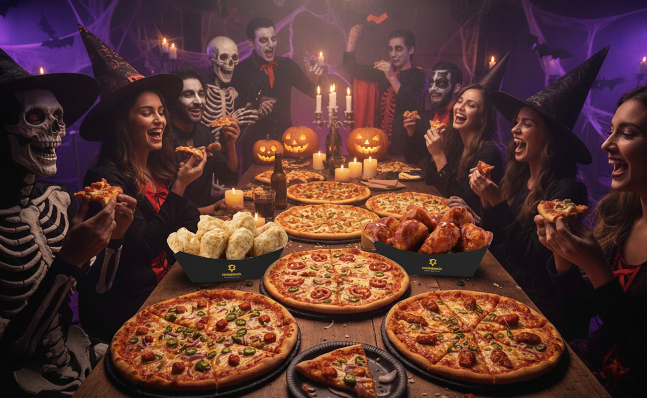 Halloween pizza party with friends in costumes enjoying pizzas, garlic bread, and chicken wings on a festive table with jack-o’-lanterns and candles.