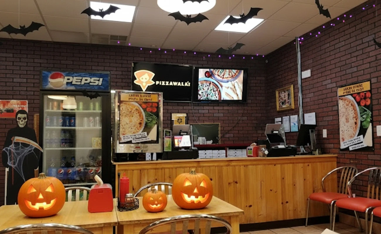 Halloween-themed pizza restaurant with carved jack-o'-lanterns on tables, bat decorations, and a Pepsi fridge, creating a spooky party atmosphere.